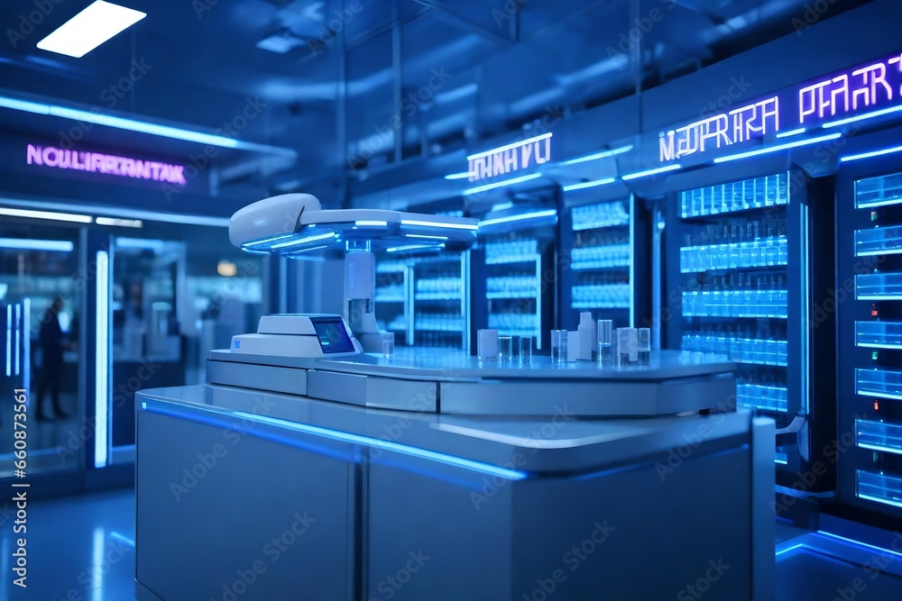 A futuristic automated pharmacy dispensing medication to customers through a robotic arm. A futuristic automated pharmacy dispensing medication to customers through a robotic arm.