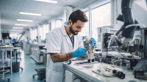 Medical technology  Portrait of a young prosthetic technician holding a prosthetic part and checking the quality of the prosthetic leg and making adjustments while working in a modern laboratory.