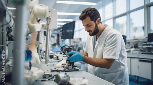 Medical technology: Portrait of a young prosthetic technician holding a prosthetic part and checking the quality of the prosthetic leg and making adjustments while working in a modern laboratory.