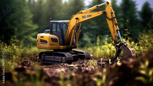 excavator or heavy equipment is operating doing heavy work in the forest, project in progress