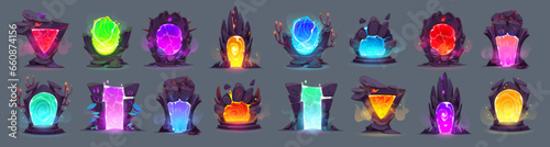Magic fantasy world portal circle door 3d frame ui set. Wizard teleport or entrance arch to parallel room. Futuristic cartoon doorway with purple, blue and yellow bright light vortex collection
