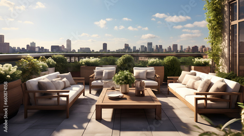 Capture the allure of a spacious terrace in a classic New York apartment, featuring lush greenery, comfortable seating, and iconic city views.