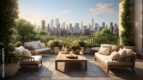 Capture the allure of a spacious terrace in a classic New York apartment  featuring lush greenery  comfortable seating  and iconic city views.