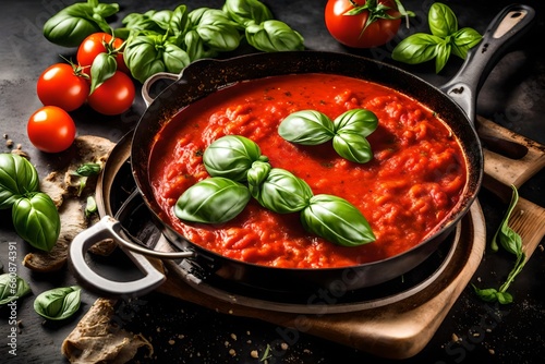 A simmering  of tomato sauce with basil leaves on a gas stove.
