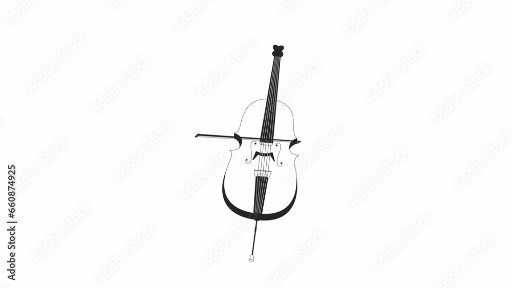 Cello string instrument bw outline 2D object animation. Orchestra violoncello monochrome linear cartoon 4K video. Classical musical instrument with cello bow animated item isolated on white background Cello string instrument bw outline 2D object animation. Orchestra violoncello monochrome linear cartoon 4K video. Classical musical instrument with cello bow animated item isolated on white background