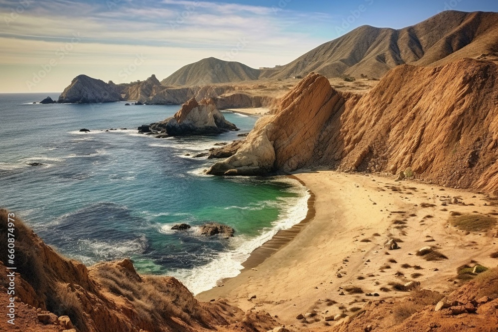Scenic Spanish coastline at Cabo de Gata, Andalusia. Natural park by Almeria. Generative AI - obrazy, fototapety, plakaty 