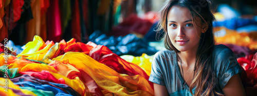 Vibrant portrayal of a hardworking young silk vendor at a traditional Southeast Asian market. photo