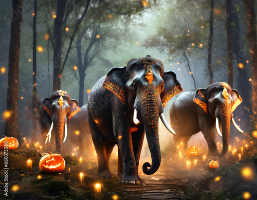 Herd of elephant demons on Halloween night with pumpkin lanterns in the forest with fireflies