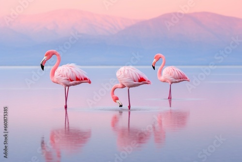 Flamingos wade in a pink-hued lake. Generative AI