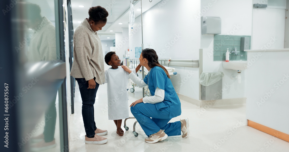 Black family, healthcare and a pediatrician talking to a patient in the hospital for medical child care. Kids, trust or medicine and a nurse consulting a boy with his mother in the clinic for health - obrazy, fototapety, plakaty 