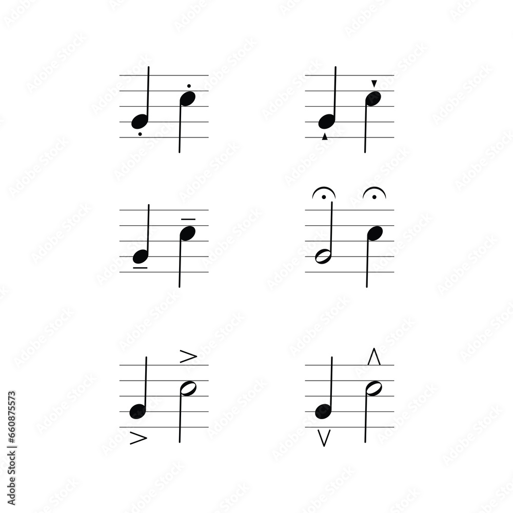 Articulation marks symbol set on staff flat vector isolated on white