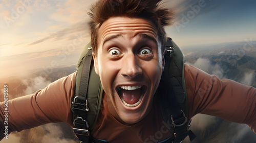 Excited young man's face freefalling in a thrilling skydiving jump. Close up
