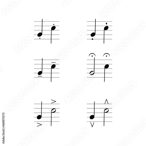 Articulation marks symbol set on staff flat vector isolated on white background. Musical symbol. Musical notation. Flashcard for learning music.