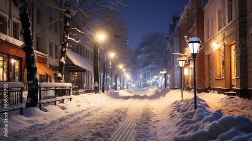 A city street covered with snow at night