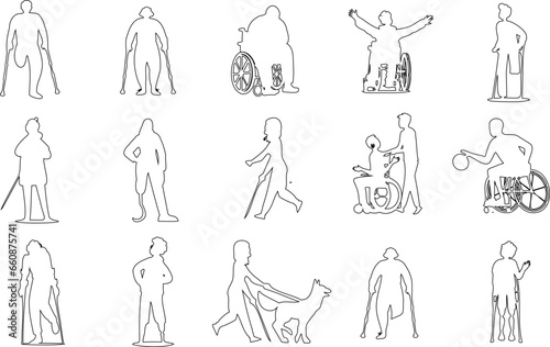 Disabled People line illustration, including wheelchair users, guide dog users, and individuals with prosthetic limbs. Ideal for web design, infographics, inclusivity and disability awareness.
