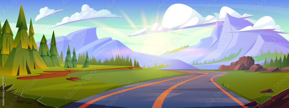 Summer mountain road landscape cartoon vector background. Highway in pine forest to travel. Sunny vacation path to alps beautiful outdoor environment. Sun ray and cloud in sky journey route scene