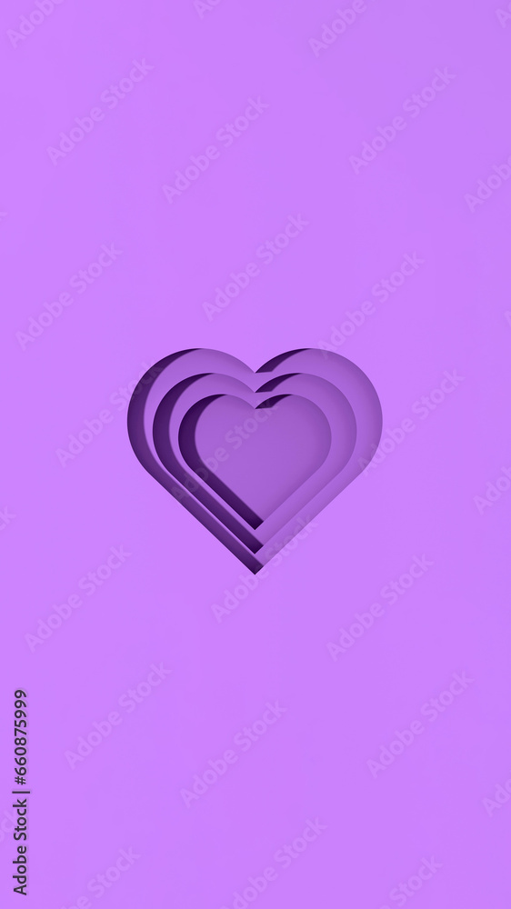 violet hearts with shadows. heart-shaped grooves with shadows. Valentine's Day. Vertical image. 3D image. 3d rendering.