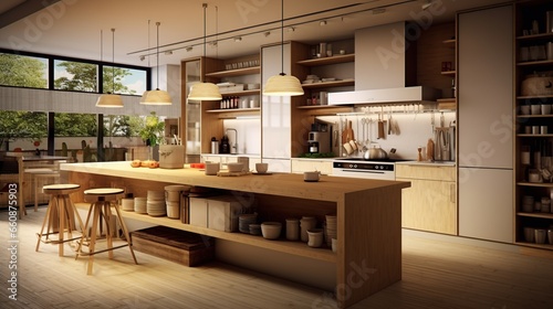 Modern kitchen with counter, minimalist interior with sunlight in daytime. Full set of kitchen equipment, pan, pot, electric hob, flipper, © Beny