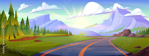 Summer mountain road landscape cartoon vector background. Highway in pine forest to travel. Sunny vacation path to alps beautiful outdoor environment. Sun ray and cloud in sky journey route scene