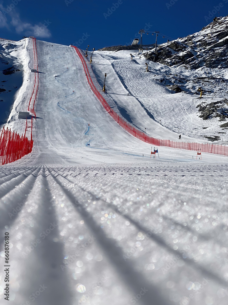 Low angle view of ski racing slope at Soelden glacier, Austria in autumn
