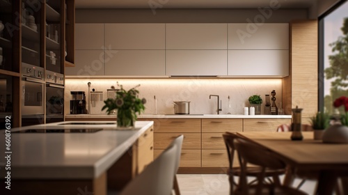 Modern kitchen with counter, minimalist interior with sunlight in daytime. Full set of kitchen equipment, pan, pot, electric hob, flipper,
