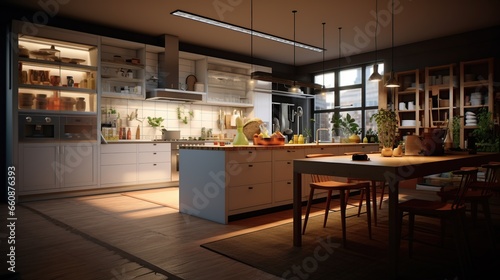Modern kitchen with counter  minimalist interior with sunlight in daytime. Full set of kitchen equipment  pan  pot  electric hob  flipper 