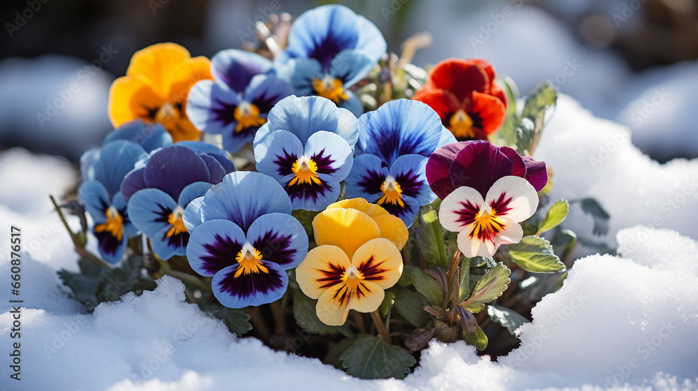 Obraz premium A group of colorful winter pansies peeking through the snow, adding a splash of vibrancy to the garden