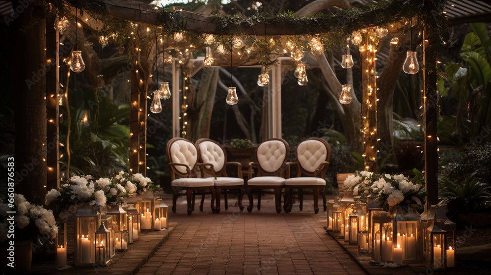 An elegant outdoor winter wedding setup in a garden, complete with white chairs, an arch, and twinkling string lights