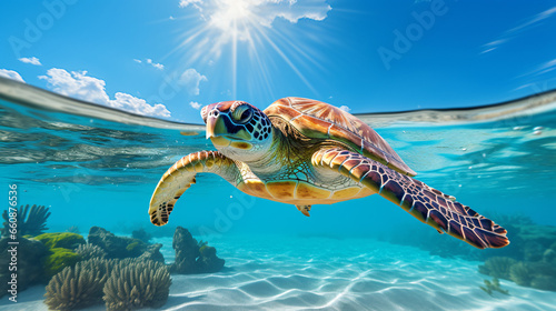 A sea turtle in a clear ocean photo