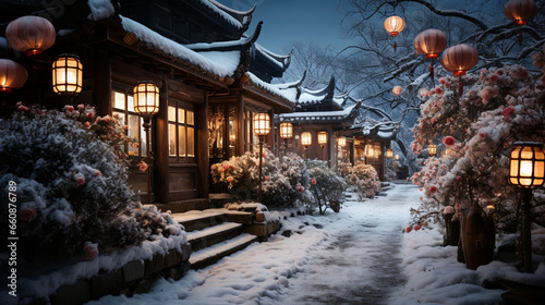 A winding garden path lined with lanterns, guiding the way through the snowy landscape on a magical winter evening