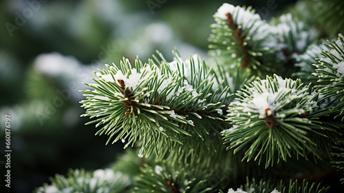 A macro shot of snow-covered pine needles on a garden's evergreen tree, showcasing the beauty of winter's details