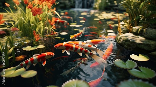 Colorful decorative fish, koi fish float in an artificial pond, view from above © Beny