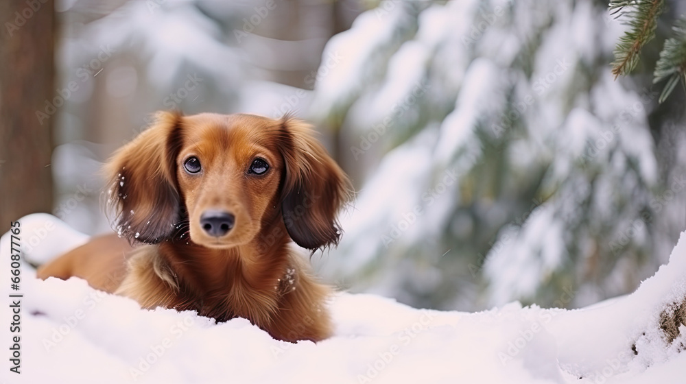 dachshund dog in winter outside, snowy weather 