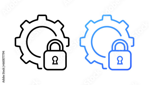 Settings protection icons. Outline, key lock and gear, settings protection icons. Vector icons