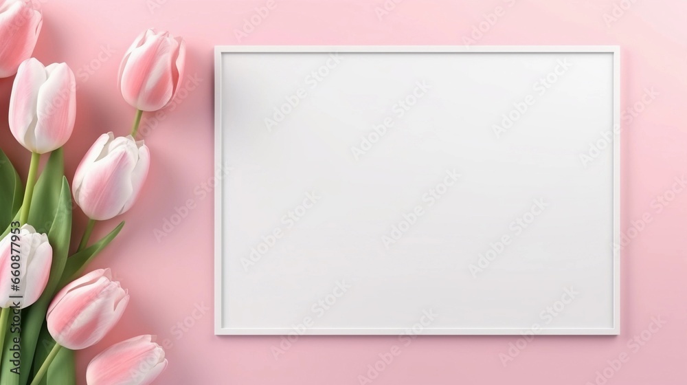 Obraz premium space for text on pastel background surrounded by beautiful decorative tulip flowers, background image, AI generated
