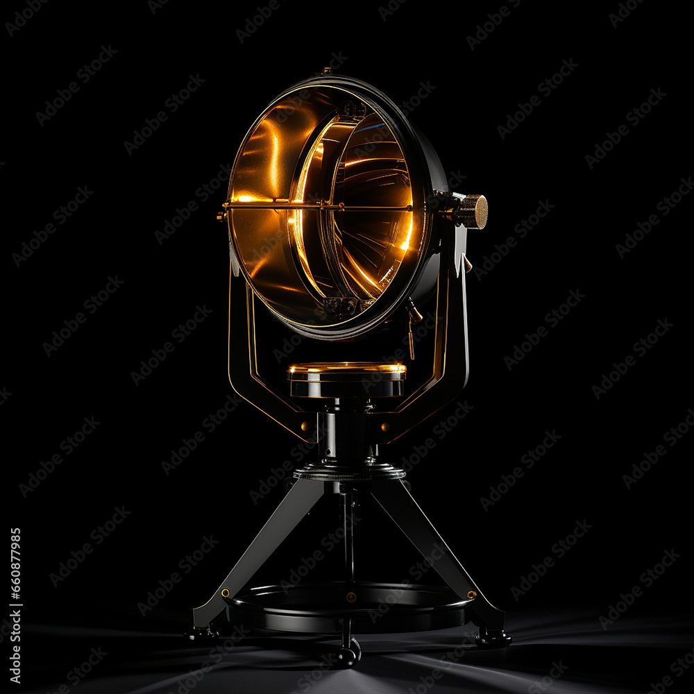 product photo of Black searchlight on black background created with Generative Ai