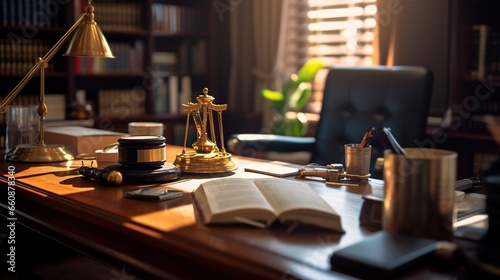 law attorney's workspace, Judge gavel with Justice lawyers having team meeting at law firm in background. Concepts of law.