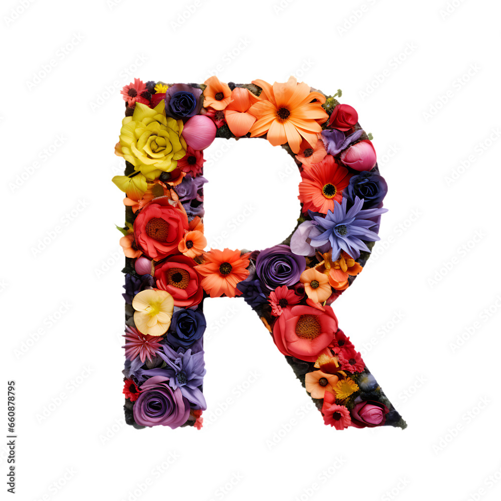 Flower-Styled Letter R Isolated on Transparent or White Background, PNG
