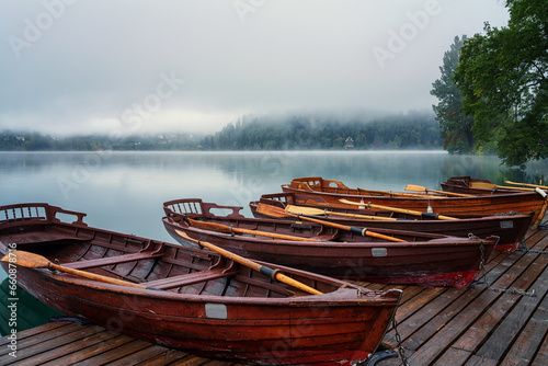 Famous alpine Bled lake (Blejsko jezero) in dense fog, amazing misty landscap...