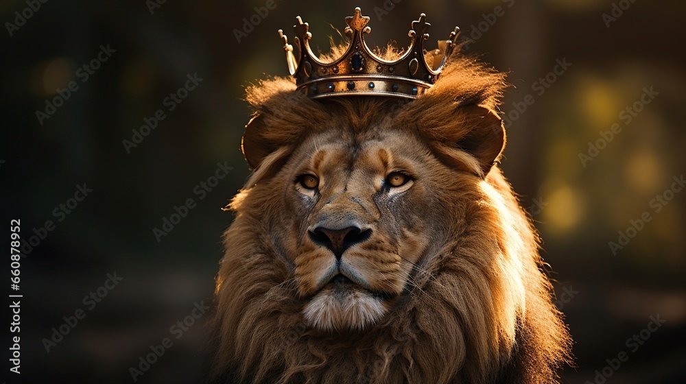 Obraz na płótnie photo of male lion wearing a king of the jungle crown with blur jungle background w salonie