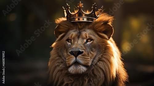 photo of male lion wearing a king of the jungle crown with blur jungle background