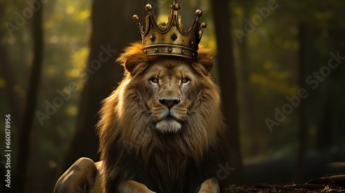 photo of male lion wearing a king of the jungle crown with blur jungle background