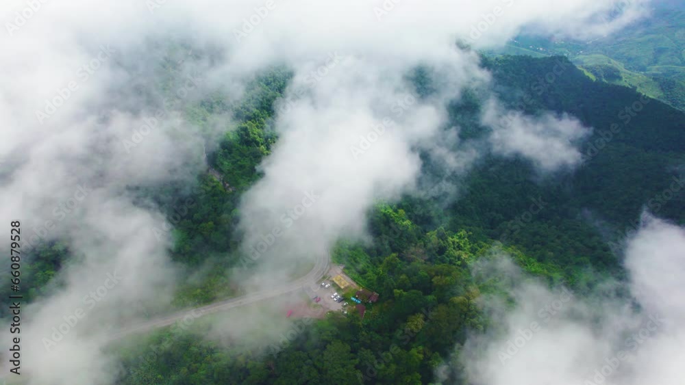 Aerial view of Floating road in morning with fog. Nan, Thailand. Aerial view of Floating road in morning with fog. Nan, Thailand.