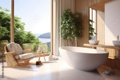 a modern white bathroom with glass view into the sky