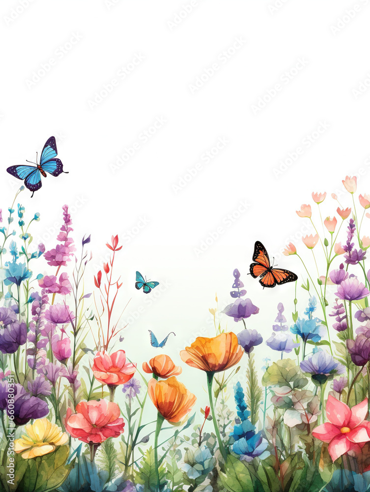 Bordure horizontale sans couture avec fleurs abstraites, feuilles et plantes vertes, papillons volants. Illustration panoramique de prairie d’été. IA générative, IA
