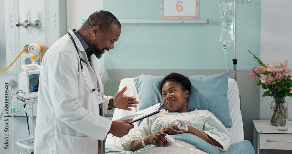 Check, patient and doctor in hospital, clinic or healthcare with sick black woman healing or talking to expert. Health, insurance or surgeon consulting person in rehabilitation with checklist or care Check, patient and doctor in hospital, clinic or healthcare with sick black woman healing or talking to expert. Health, insurance or surgeon consulting person in rehabilitation with checklist or care