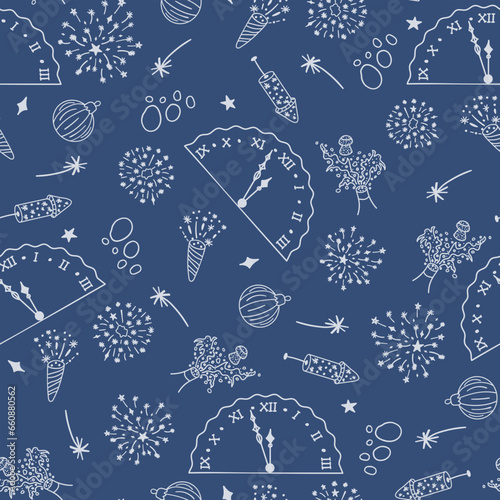 Seamless pattern with New Year s clipart. Hand drawn New Year s chimes, champagne bottleneck with foamy splashes and a flying cork, fireworks, firecracker, Christmas tree toy