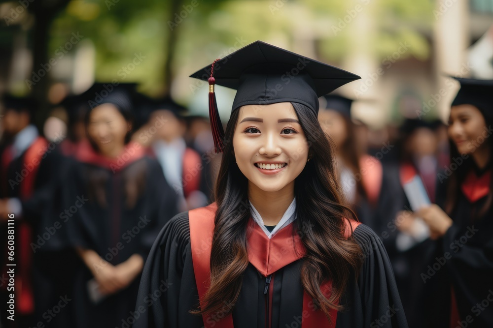 Portrait of cheerful Asian young girl in black and yellow graduation gown and cap with other graduate at university.