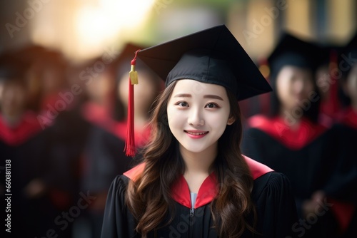 Portrait of cheerful Asian young girl in black and yellow graduation gown and cap with other graduate at university.