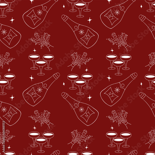 Seamless pattern with New Year s clipart. Hand drawn champagne bottleneck with foamy splashes and a flying cork, hampagne bottle with label and snowflake, glasses with alcohol. photo